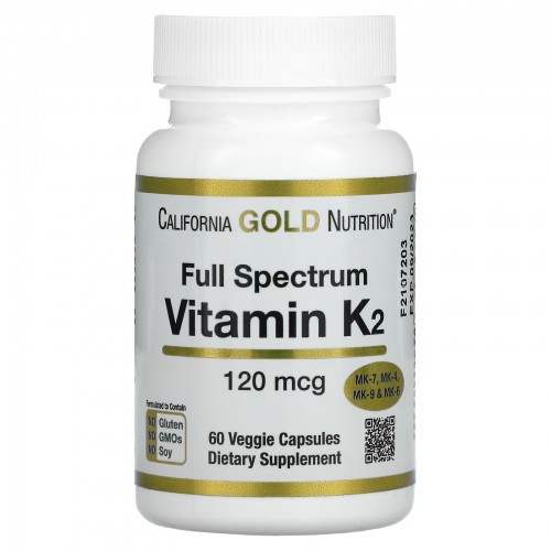 California Gold Nutrition, витамин K2 полного спектра действия, 120 мкг, 60 растительных капсул California Gold Nutrition, витамин K2 полного спектра действия, 120 мкг, 60 растительных капсул